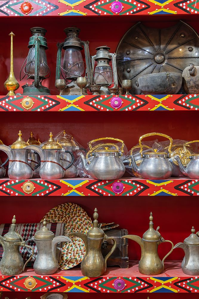 Saudi Arabia, Riyadh, Al-Dirah. Coffee and tea pots at the Souq Al-Zal.